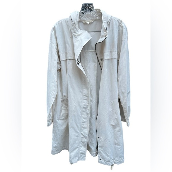 Eileen Fisher long zip & button up oversized raincoat rain jacket with hood bone - Picture 4 of 12